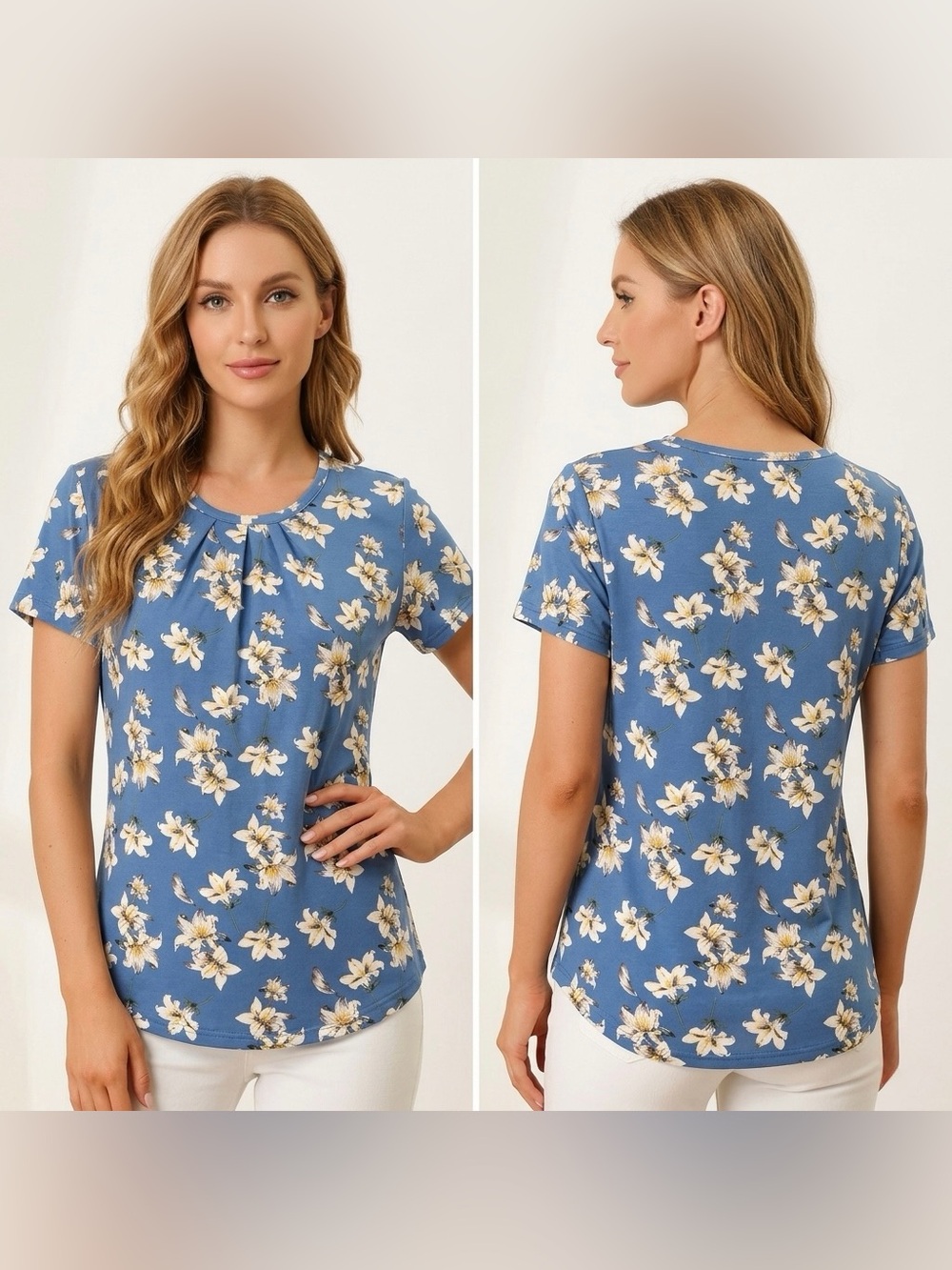 Liz & Lilli Women’s Blue Floral Print Round Neck Short Sleeve Shirt Size XL
